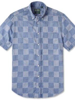 Gitman Vintage Blue Patchwork Shirt Men's Short-Sleeved Oxford Sz. Large